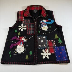 Vintage 00s Christmas Zip Sweater Vest Ugly Granny Sweater Snowman Black Wms M